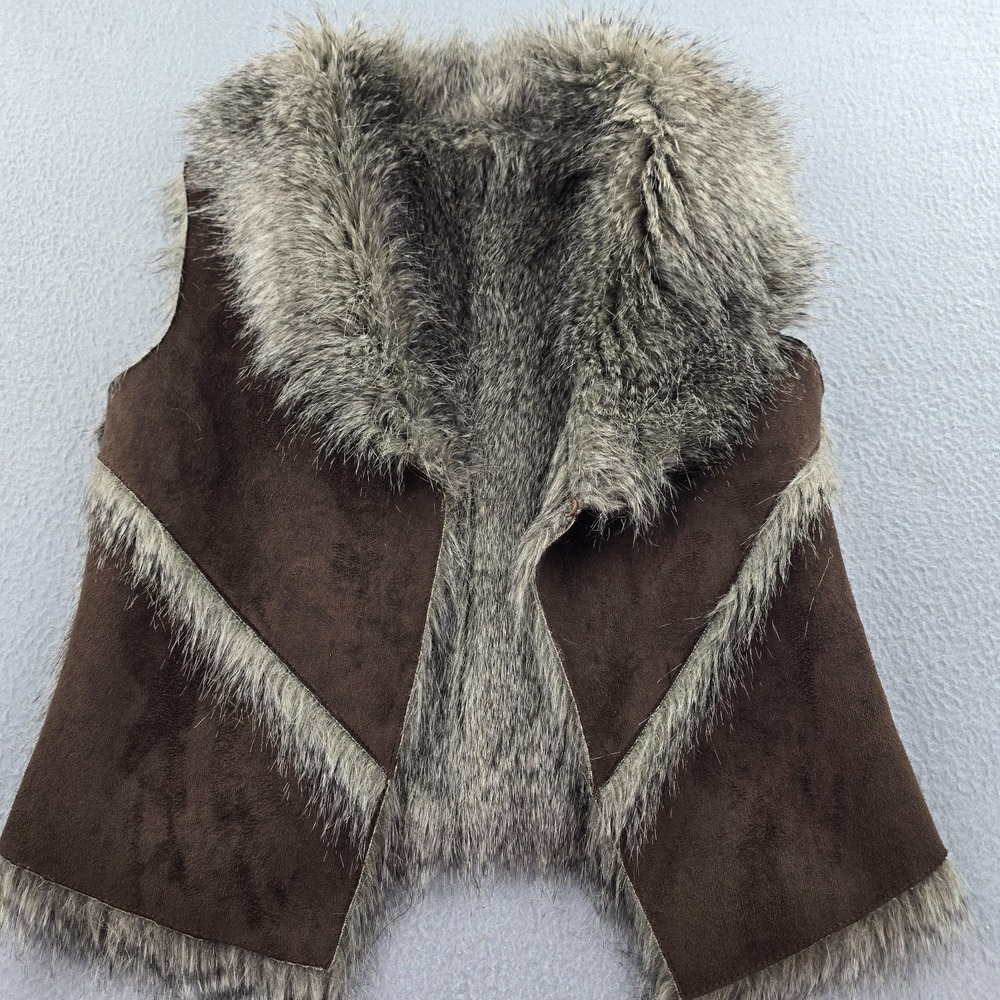 Womens Suede Vest Brown Gray Faux Fur Trim Outerwear Winter Cozy Warm Open Front